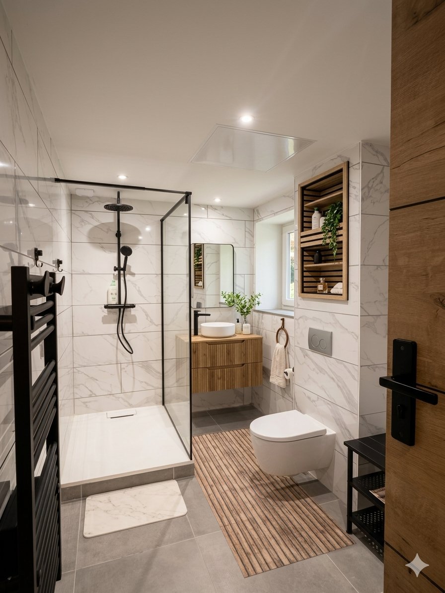 Salle de bain — Marbre & laiton noir — Le Schwendi Colmar